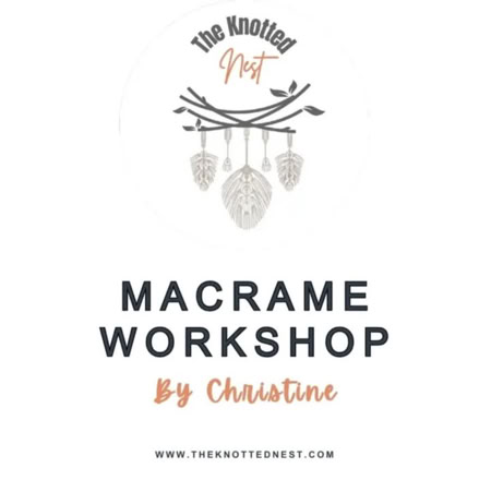 Logo with the text "The Knotted Nest" above a macrame design, followed by "Macrame Workshop by Christine" and a website URL at the bottom.